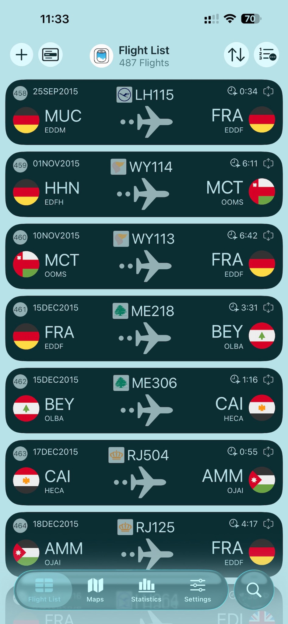 PaxLog flight list screenshot